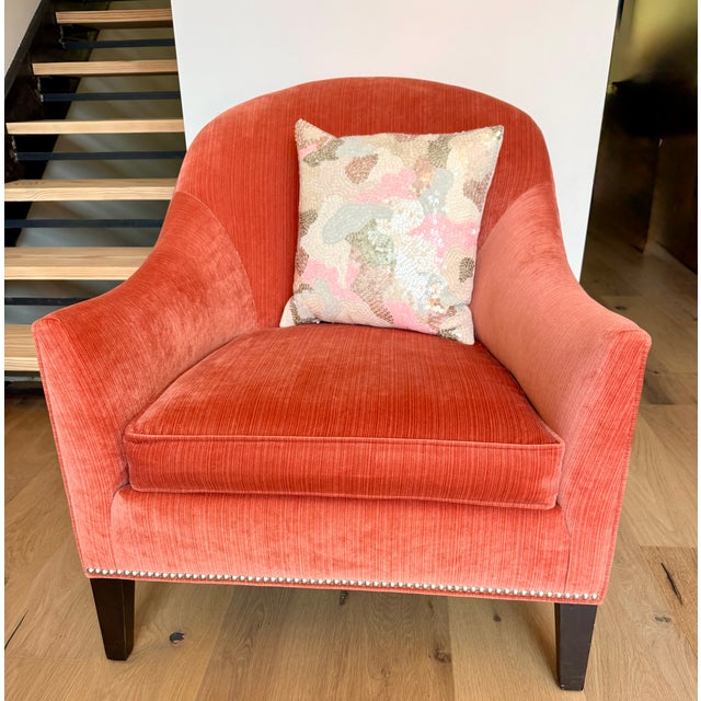 Elegant custom upholstered lounge chair by Ethan Allen featuring a sculptural curved barrel silhouette in a luminous...