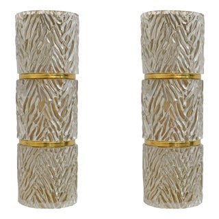 Modern Italian Brass and Murano Glass Textured Wall Sconces, Set of 2 For Sale