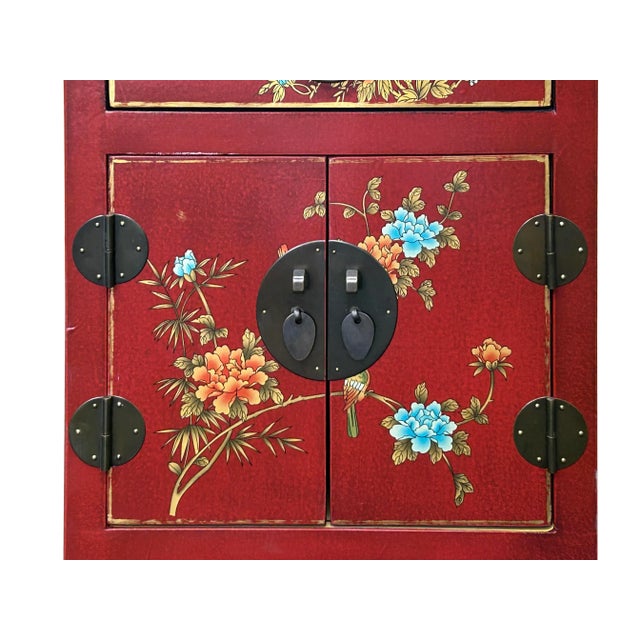 Chinese Red Vinyl Moon Face Flower Birds End Table Nightstand For Sale - Image 10 of 10