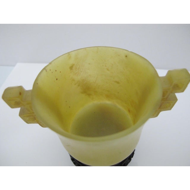 Chinese Archaistic Yellow Jade Twin Handled Libation Cup With Carved Wood Stand For Sale - Image 11 of 12