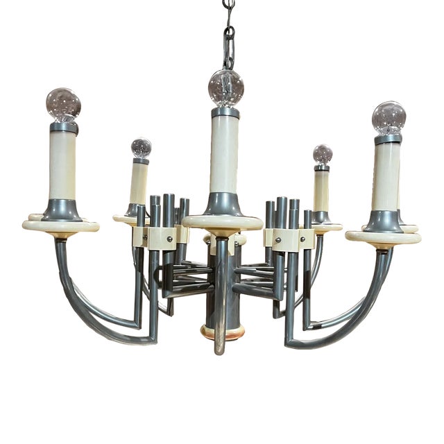 1940s Art Deco Chandelier, Eight Arm, Bakelite & Chrome, 34x31 Inches For Sale