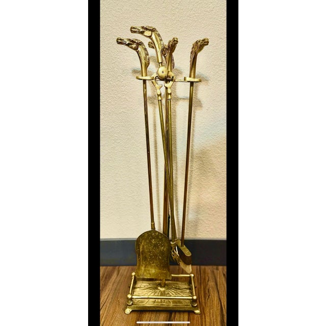 Vintage Five Piece Solid Brass Horse Head Fire Tool Set Circa 1970's Very Good Condition Set Includes Stand, Shovel, Fire...