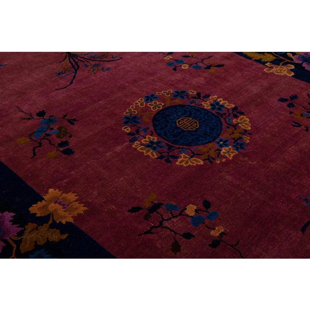 Burgundy Antique Art Deco Handmade Chinese Floral Motif Wool Rug For Sale In New York - Image 6 of 10