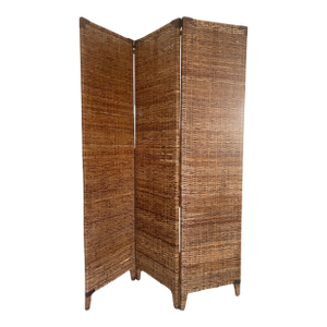 Vintage Rattan 3 Panel Honey Brown Folding Screen or Room Divider, Metal Corners