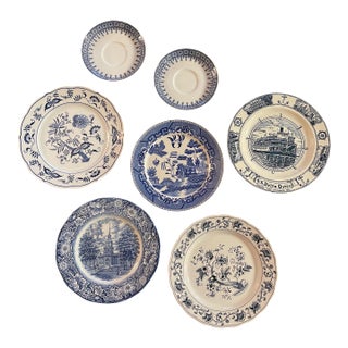 Mid 20th Century Blue and White Decorative Plates- Set of 7 For Sale