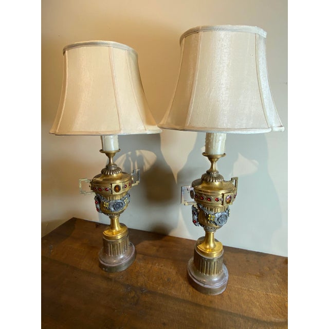Gilt Metal Urns With Jewels and Swags Table Lamps - a Pair For Sale - Image 10 of 11