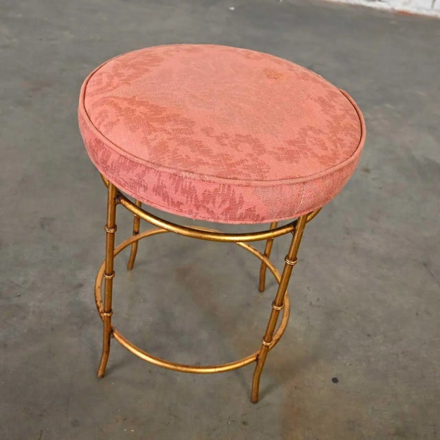 Mid 20th Century Mid-20th Century Italian Style Round Stool With Rose Damask Seat & Gilt Metal Faux Bamboo Legs For Sale - Image 5 of 13