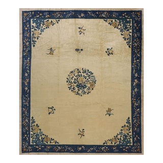 1920s Beige Medallion Floral Antique Chinese Peking Carpet 8'' X 9'5'' Wool Rug For Sale