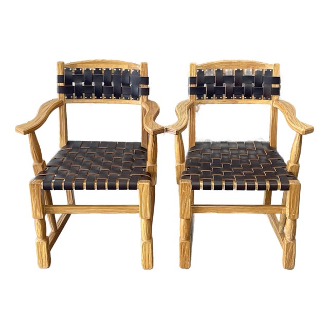 Ranch Oak Arm Chairs, a Pair, Vintage, Western For Sale
