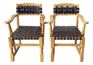 Vintage Mid-Century Ranch Oak Leather Strapped Arm Chairs - A Pair