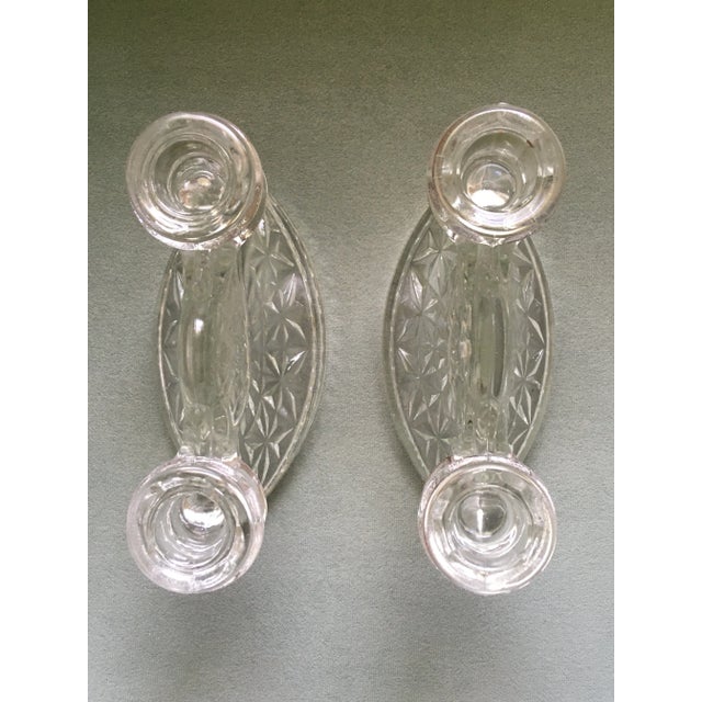 Glass 1930s Art Deco Pressed Glass Double Candlestick Holders- A Pair For Sale - Image 7 of 11