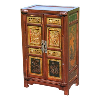 1980s Chinoiserie Cabinet With Carved and Painted Panels For Sale