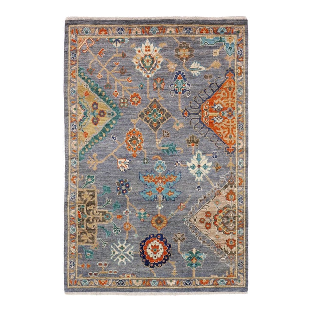 Boho Chic Oushak Finnegan Gray/Blue Wool Rug - 5'5'' X 8'3'' For Sale