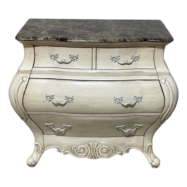French Provincial Bombe Chest | Cream Painted Finish | Real Marble Top | 4 Drawer Statement Dresser For Sale