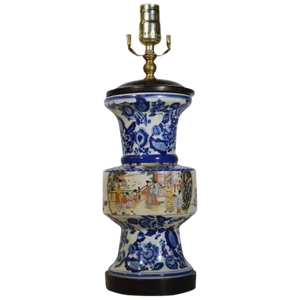 Vintage Chinese Hand-Painted Porcelain Lamp With Characters From the 1970s