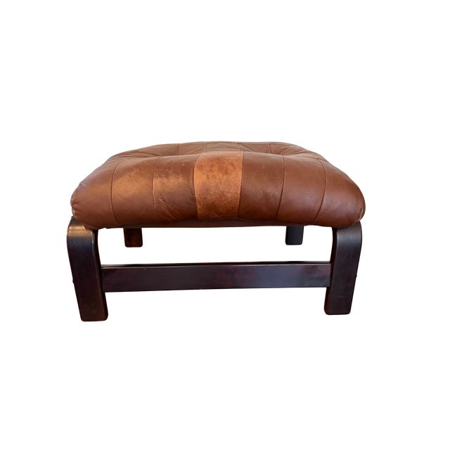 Brown Vintage Norwegian Leather Ottoman | Scandinavian Mid-Century Modern Bentwood & Sling Footstool | Ingmar Relling Style For Sale - Image 8 of 16