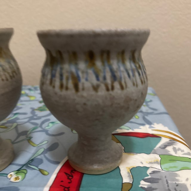 Rustic Vintage Mid-Century Studio Art Pottery Goblets – Set of 2 Hand-Thrown Speckled Stoneware Chalices For Sale - Image 3 of 7