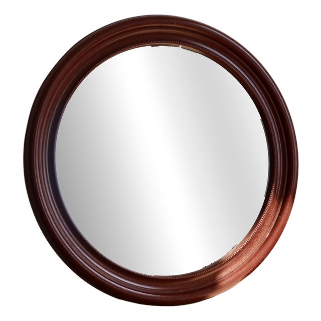 Vintage Round Mirror with Mahogany Wood-Effect Frame, 1970s For Sale