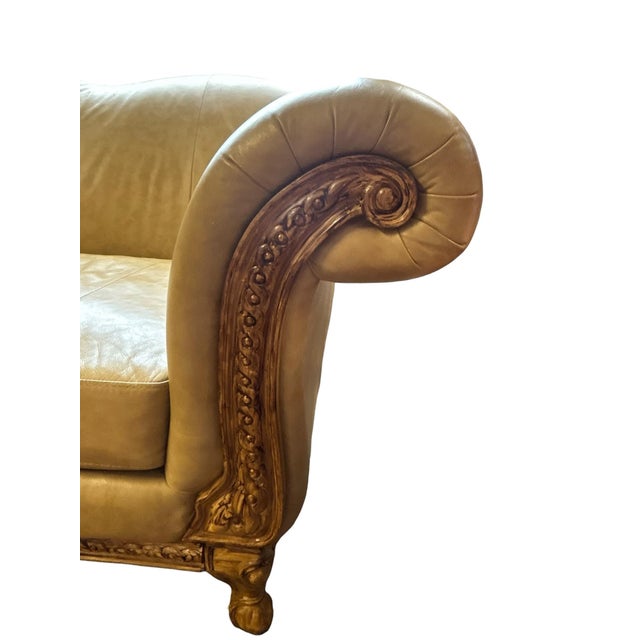 Traditional Hand-Carved Cognac Leather Loveseat With Exposed Wood Frame Traditional European Style 71”w For Sale - Image 3 of 12