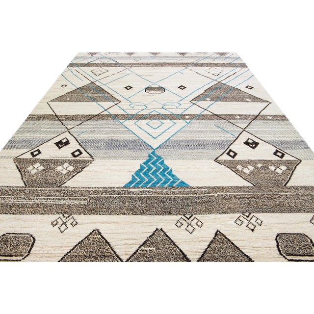 Tribal Beige Modern Moroccan Style Handmade Boho Pattern Wool Rug For Sale - Image 3 of 11