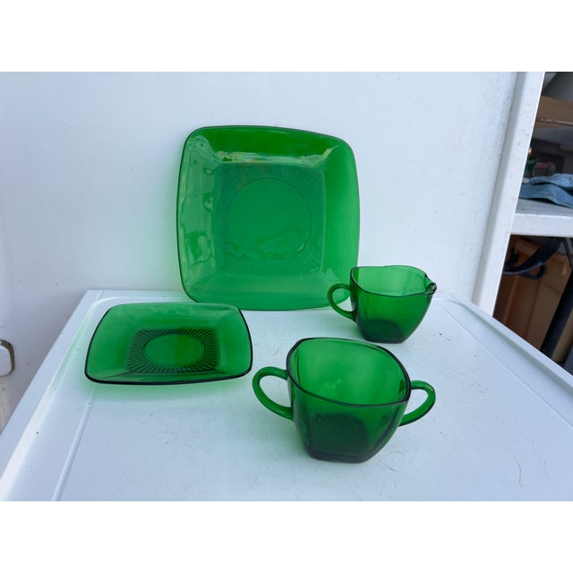 Mid-Century Modern Vintage Mid Century 1940 Green Glass Sugar Bowl, Creamer & Plate Set of 4 For Sale - Image 3 of 9