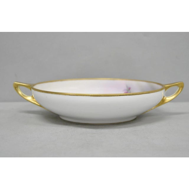 Antique Nippon Hand Painted Gold Trim Pink Wisteria Flower Porcelain Dish w / Handles. Circa Early 20th Century....