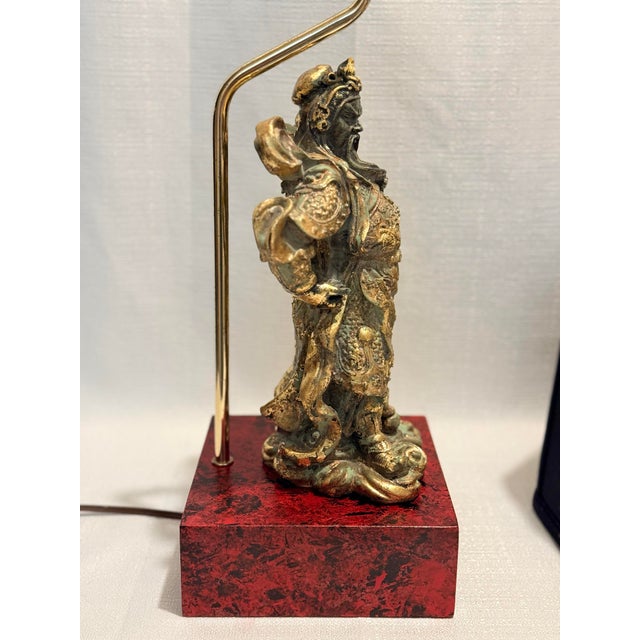 Red Vintage Tony Duquette Style Bespoke Parcel Gilt Guan Yu Table Lamp by Turtle & Crane -Newly Painted For Sale - Image 8 of 16