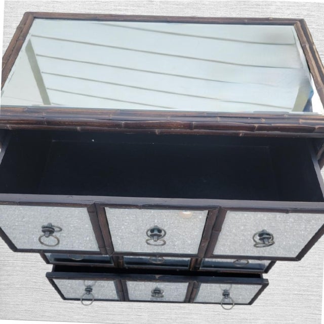 Brown Vintage Mirrored Dark Stained Bamboo 3 Drawer Dorothy Draper Style Chest of Drawers For Sale - Image 8 of 12