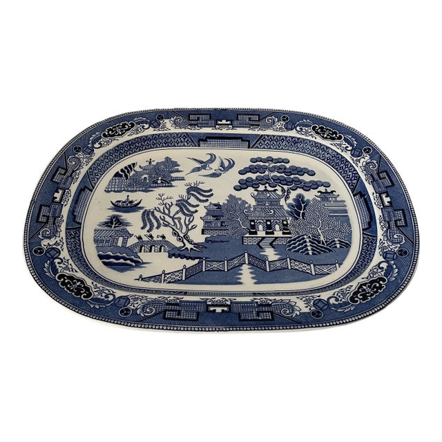 Vintage Albert Kessler & Company Hand-Painted Blue & White Porcelain Japanese Oval Platter For Sale