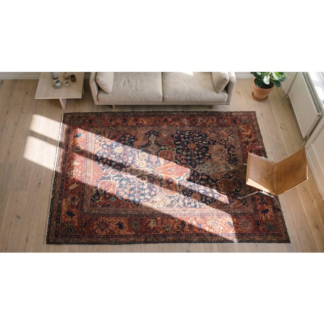 1930s Blue Navy Floral Design Antique Persian Sultanabad Rug 8'10" X 11'8" Handknotted Wool Carpet For Sale In New York - Image 6 of 7