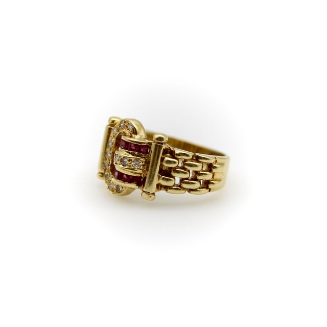 Vintage 18k Gold Diamond and Ruby Buckle Ring, Size 4.5 For Sale - Image 4 of 10