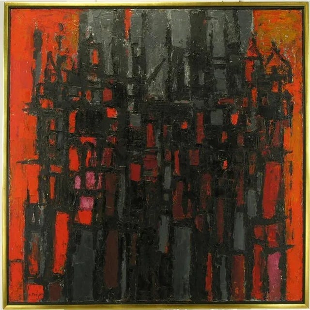 Large and vibrantly colored in orange, red, fuschia, gray and black, abstract expressionistic oil on canvas by listed...