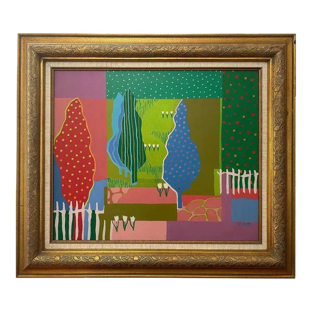 Framed Vintage Original Abstract Landscape Painting Hockney-Style For Sale