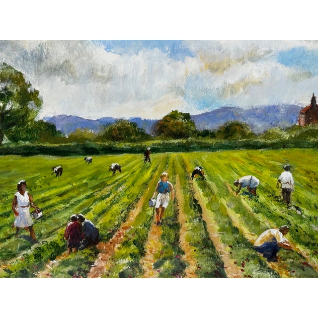 Wood British 20th Century Landscape Oil Painting, Strawberry Pickers Harvesting in West Sussex South Downs For Sale - Image 7 of 18