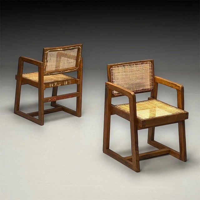 Mid-Century Modern Pierre Jeanneret, French Mid-Century Modern, 12 Box Dining Chairs, Teak, Cane For Sale - Image 3 of 12