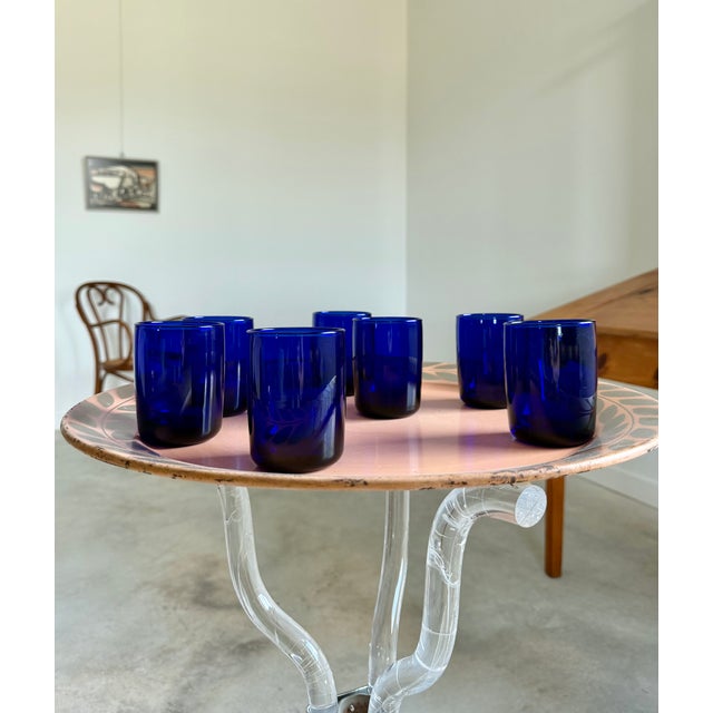 Art Deco Style Cobalt Blue Glasses, Set of 7 Hand Blown Lowball Glassware Set For Sale - Image 14 of 16