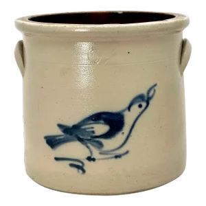 Nice Unusual Smaller 6 Quart - 1 1/2 Gallon Size American Blue Bird Decorated Stoneware Storage Crock - Jar Circa 1870s