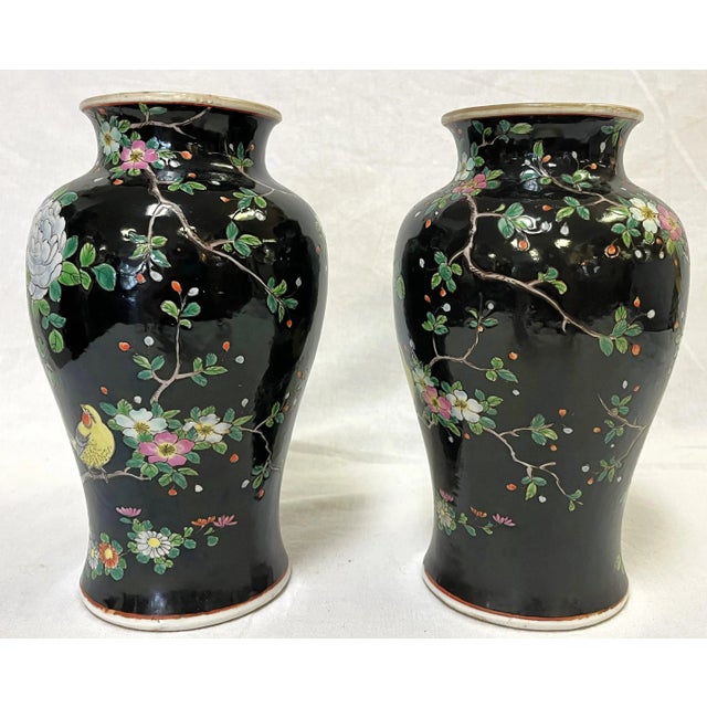 Mid Century Chinoiserie Birds With Peonies Hand Painted Porcelain Vases- a Pair For Sale - Image 10 of 12