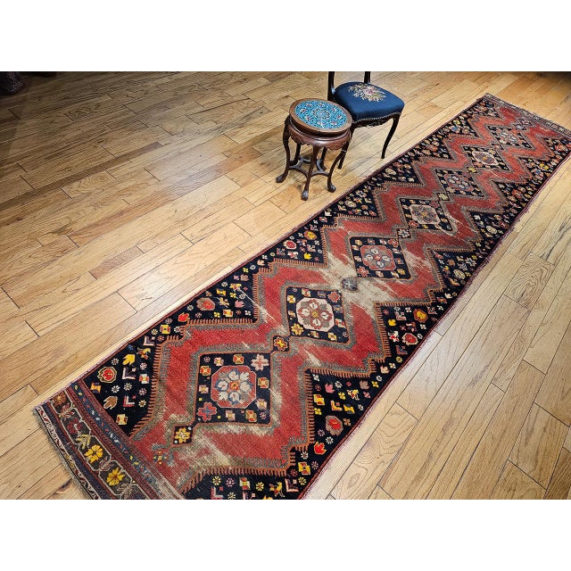 Antique Caucasian Karabagh Runner, Hand-Knotted Wool, Red & Navy, 4' x 17' For Sale - Image 12 of 13
