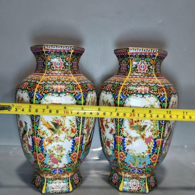 Mid 20th Century Mid 20th Century Famille Rose Hexagonal Porcelain Vases With Bird and Floral Motifs - Set of 2 For Sale - Image 5 of 9