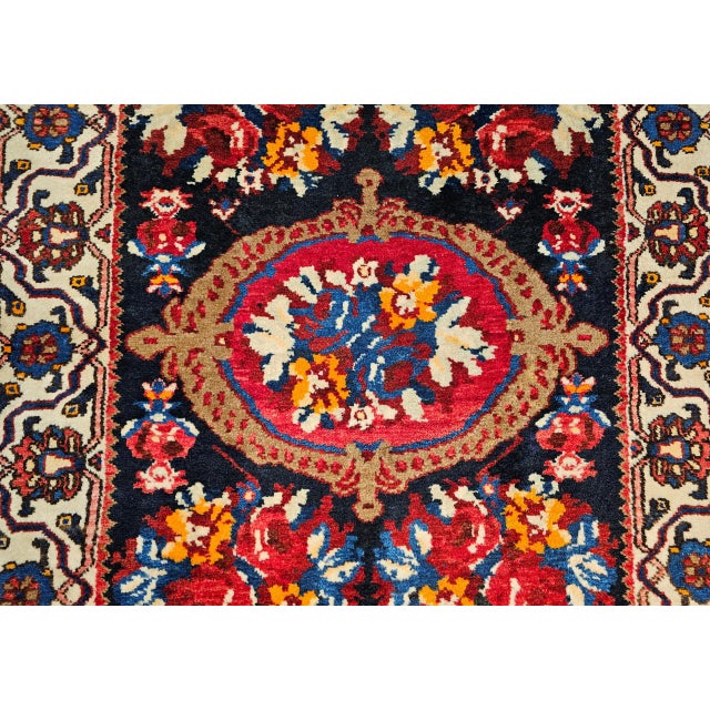 Vintage Persian Bakhtiari Wide Runner, Handwoven Wool, Floral Bouquet Design, Navy & Red, 4x13 For Sale - Image 15 of 17