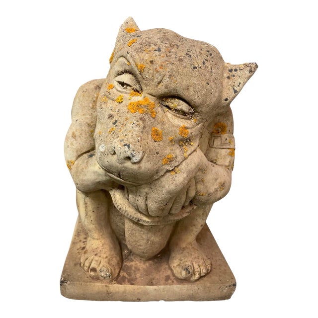 Vintage Cast Stone Crouching Gargoyle Garden Statue For Sale