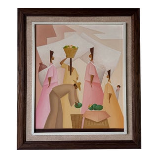1980s Vintage J. Rocha Latin Market Scene Oil on Canvas Painting , Framed For Sale