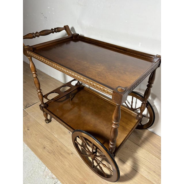 Mid-Century Modern Spanish Wooden Bar Cart with Turned Legs and Bottle Holder, 1940 For Sale - Image 11 of 14