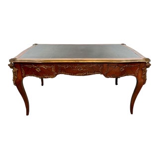 French Louis XV Ormolu Mounted Bureau Black Leather Top Executive Plat Desk For Sale