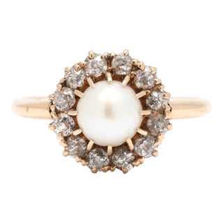 Antique .25ctw Pearl & Diamond Halo Ring, 14k Yellow Gold, Ring Size 4.25 For Sale
