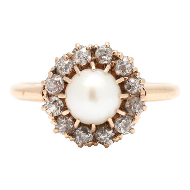 Antique .25ctw Pearl & Diamond Halo Ring, 14k Yellow Gold, Ring Size 4.25 For Sale
