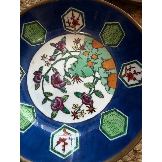 Beautiful vintage botanical motif collection of three enameled, brass and porcelain hand made Asian catchall.