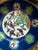 Beautiful vintage botanical motif collection of three enameled, brass and porcelain hand made Asian catchall.