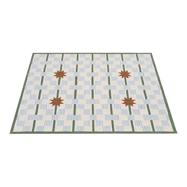 Handmade Cotton Vegetable Dyed Area Rug, Cream, Sky Blue, Sage Green Star Dash Dhurrie-9x12 For Sale